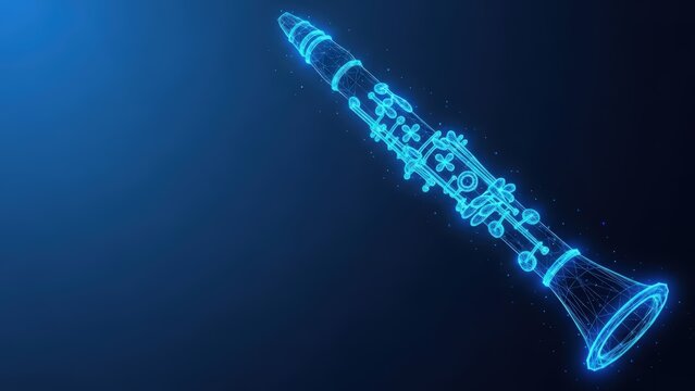 Glowing blue wireframe clarinet emitting ethereal light on a dark abstract background