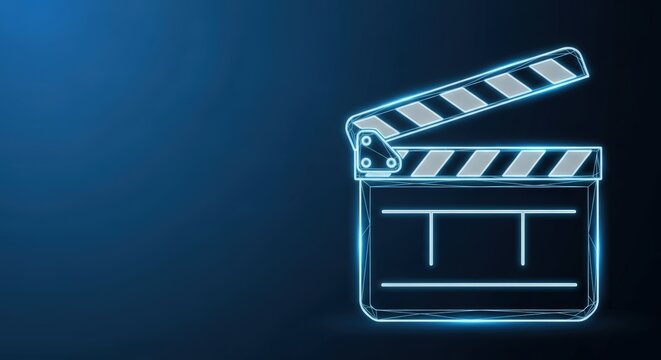 Glowing Neon Clapperboard Icon for Film Production and Cinema Entertainment