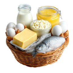 Basket of dairy, eggs, and fish protein and fat-rich whole foods
