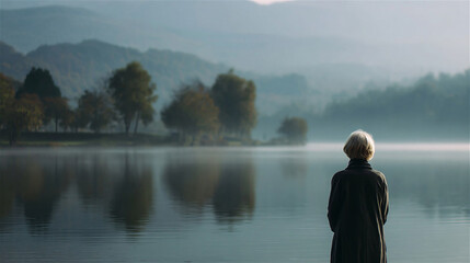 Fototapeta premium Lonely elderly woman looking at misty lake at dawn