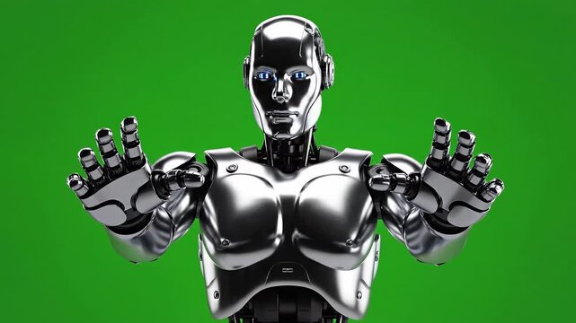 Humanoid robot with blue eyes standing against green background