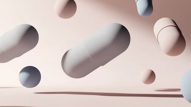 Soft pastel rounded capsule shapes and spheres float in a gentle abstract composition against a solid light pink backdrop.