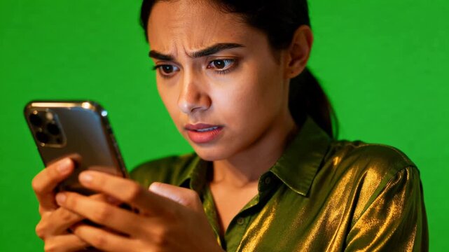 Angry woman reacting to smartphone on green screen. 4K Video