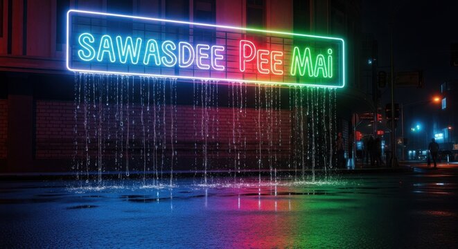 Vibrant neon sign reading sawasdee in a bustling urban night setting with colorful lights