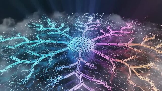 Vibrant neural network illustration showcasing colorful connections and data transfer in a dark environment from a frontal viewpoint