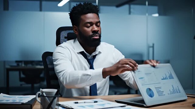 Stressed Businessman Holds Head in Hands at Messy Desk