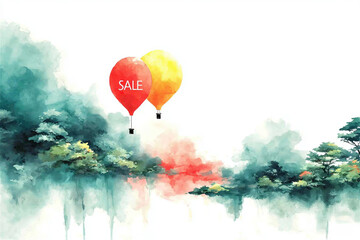 Obraz premium Watercolor landscape with red and yellow hot air balloons with sale text concept for marketing banner