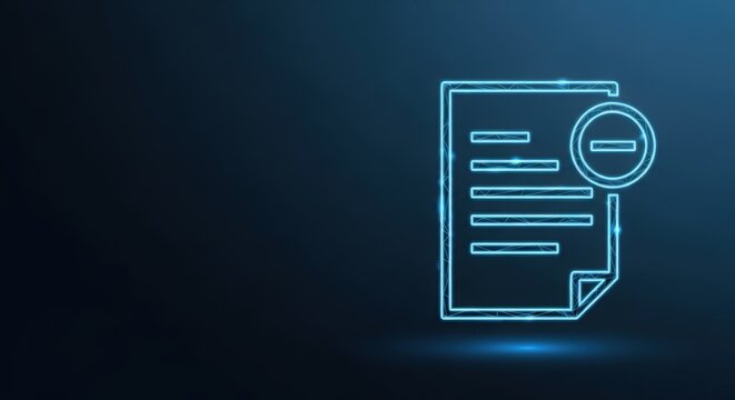 Neon blue glowing document icon with text lines on dark background, representing digital information and data processing