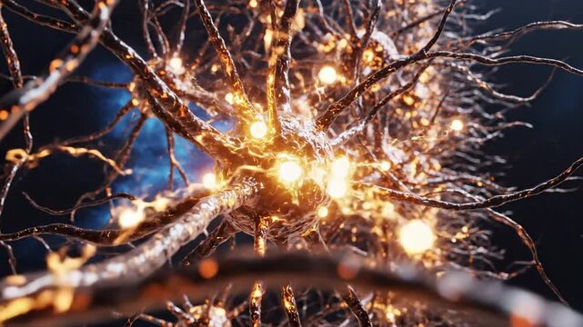 Glowing neural network with sparks and vibrant branches, close-up view of intricate connections