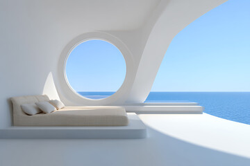 Obraz premium A minimalist bedroom with a circular window overlooking the ocean.