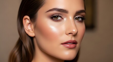 Fototapeta premium Close-up Beauty Portrait of a Young Woman with Glowing Skin and Elegant Natural Makeup