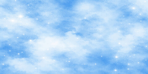 Abstract blue winter background featuring fluffy white clouds and snowflakes drifting through a bright sunlit sky for a beautiful nature atmosphere © Graph Rover