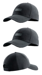 Three identical, blank, black baseball caps shown from different angles