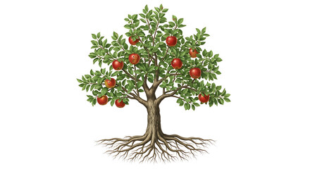 Illustration of a tree with green leaves and red fruits on a white background, showcasing roots and trunk.