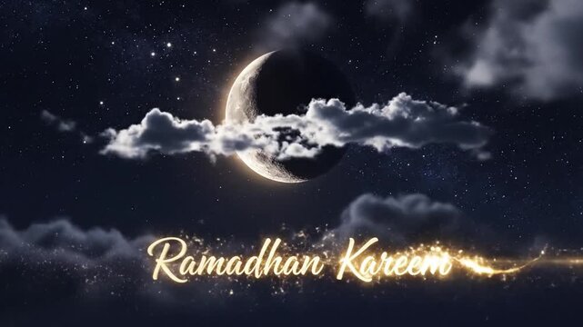 Ramadhan Kareem greeting. Crescent moon and clouds in night sky. Stars and celestial background. Islamic holiday. Mosque celebration. Ramadhan Mubarak. Vector illustration. Dark blue
