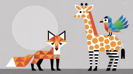 Colorful Fox Giraffe Bird Friends Together.