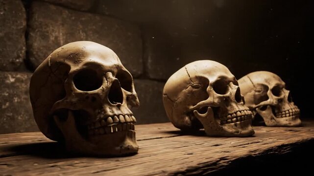 Row of Skull on Wooden Shelf in Dark Stone Room with Eerie Lighting and Shadows Creepy Halloween Horror Concept