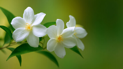 Obraz premium Two white flowers with yellow centers and green leaves on a blurred green background