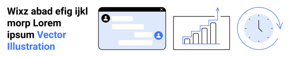 Fototapeta premium Business processes, data analysis, communication systems, time management, user interfaces, productivity tools. Chat window, graph clock icon. Communication systems and data analysis