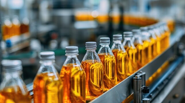 Automated bottling line showcasing filled, capped, transparent bottles on a production belt