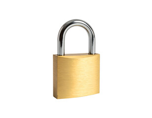 Fototapeta premium Brass padlock with a silver metal shackle against a black background