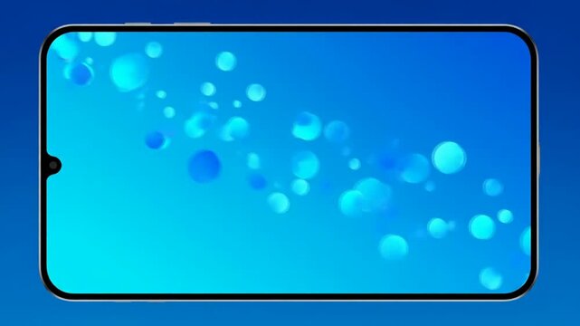 A smartphone displays a vibrant blue video background with bubbles rising