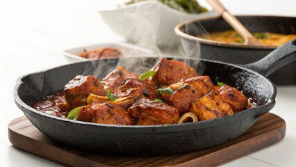 Fototapeta premium Freshly Grilled Spicy Chicken Tikka Skewers with Smoke and Masala