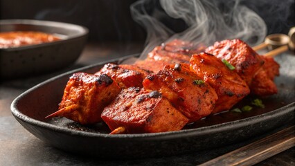 Freshly Grilled Spicy Chicken Tikka Skewers with Smoke and Masala