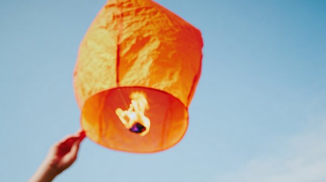 Orange paper sky lantern being released into the clear blue sky, traditional floating lamp ceremony for cultural celebration and spiritual tourism marketing background