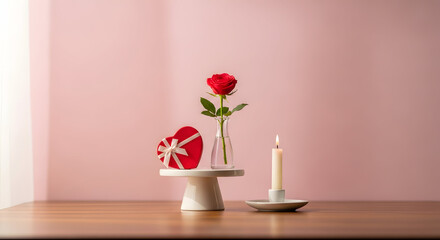 Fototapeta premium A single red rose in a vase with a candle on a wooden table against a pink wall