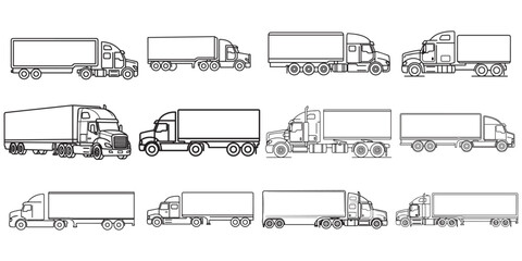 Set of transport vehicle icons featuring trucks, buses, vans, cars, and trains in simple vector silhouette design for delivery and shipping themes © Md