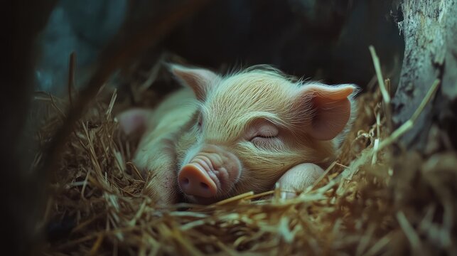 Dreamy slumber a newborn piglet peacefully resting in a cozy straw nest
