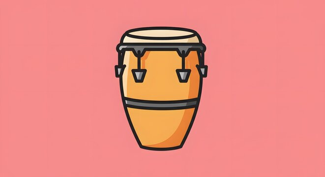 Colorful illustrated conga drum on a solid red-pink background, simple graphic design