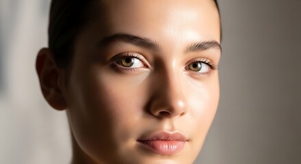 Naklejka premium Close-up Portrait of a Beautiful Young Woman with Healthy, Radiant Skin and Natural Beauty