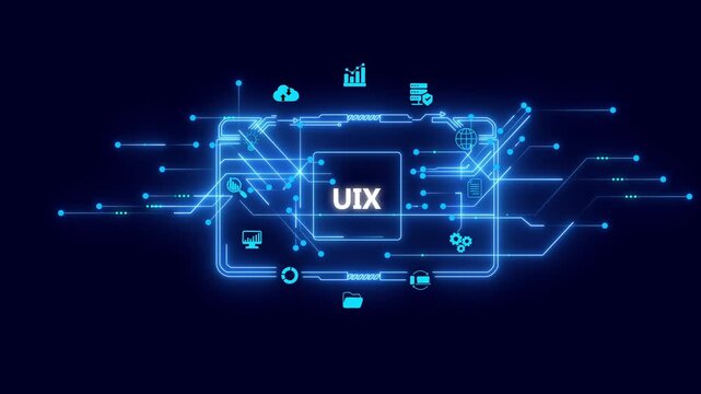 U I X user interface concept with glowing blue neon lines and on dark background for tech business and software development