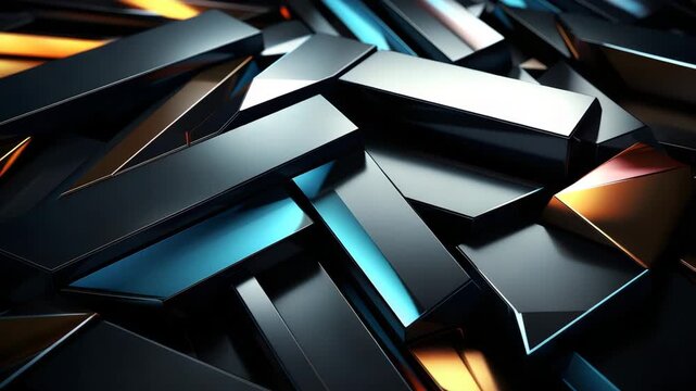 Metal plates overlap in different layers, showing blue and orange colors. Light reflects off surfaces and creates interesting patterns in an abstract form.