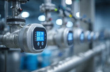 Fototapeta premium Stainless steel pipes and digital meters in industrial piping system with blue backlit displays