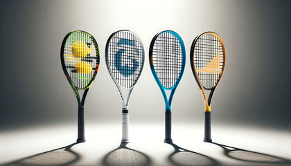 Four colorful tennis rackets with unique designs against a gradient background with a studio lighting effect.
