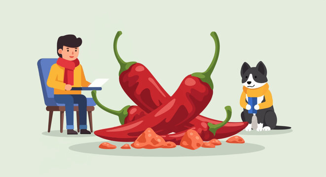 A person and a dog near chili peppers on a light background