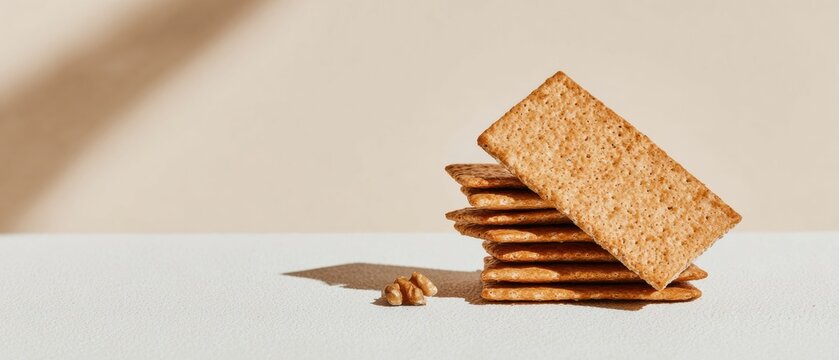 Stack of Matzah crackers with walnut on a white surface for Passover holiday celebration, minimal commercial banner with copy space and natural shadows