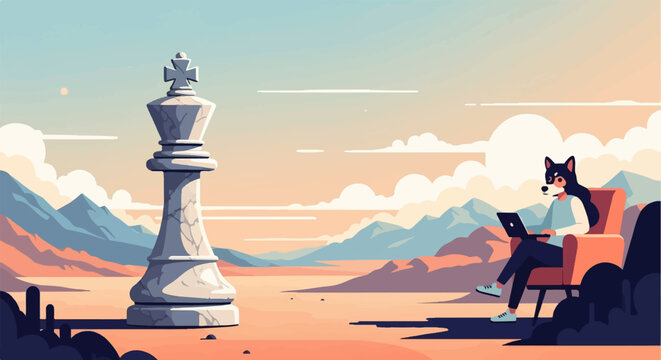 A person with a dog's head sits in a chair and uses a laptop in front of a giant chess piece