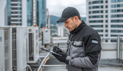 Technician wearing black gloves, black cap, and uniform inspecting or repairing air conditioning units on a rooftop in an urban setting
