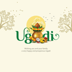 happy Ugadi New Year festival. Indian holiday celebrated by the inhabitants of Karnataka and Andhra Pradesh. abstract vector illustration graphic design. © Arun