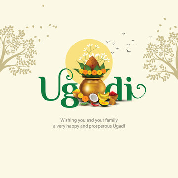 happy Ugadi New Year festival. Indian holiday celebrated by the inhabitants of Karnataka and Andhra Pradesh. abstract vector illustration graphic design.