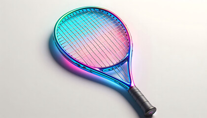 Close-up of a neon-colored tennis racket with a gradient of pink, blue and purple hues on a plain gray background.