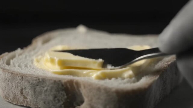 Butter being spread on white bread with knife in dark background