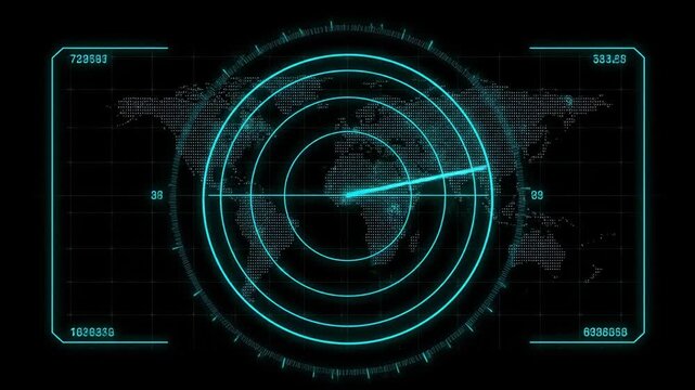 Futuristic HUD radar scanning digital world map with high tech sonar interface for global surveillance tracking and cyber security monitoring system animation