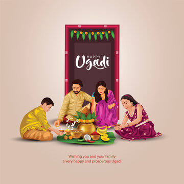 happy Ugadi New Year festival. Indian holiday celebrated by the inhabitants of Karnataka and Andhra Pradesh. abstract vector illustration graphic design.