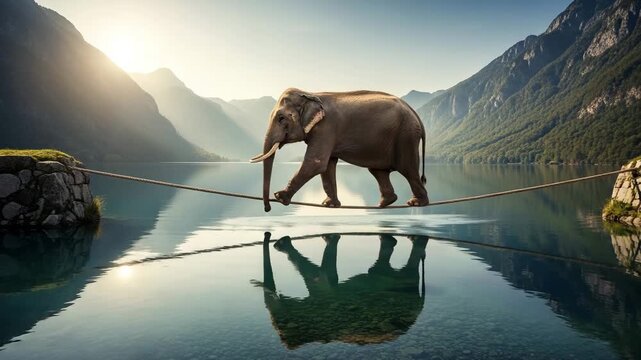 An elephant balancing and walking on a suspended rope over a lake. A happy elephant walking on a tightrope high in the mountains
