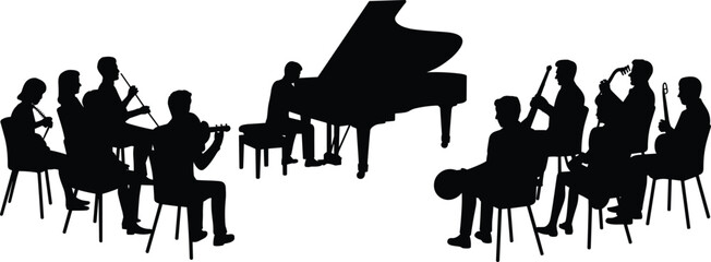 Black silhouette illustration of orchestra ensemble with pianist and diverse musicians playing wind, string, artistic design symbolizing live classical music performance and creative collaboration. © MD MIJANUR